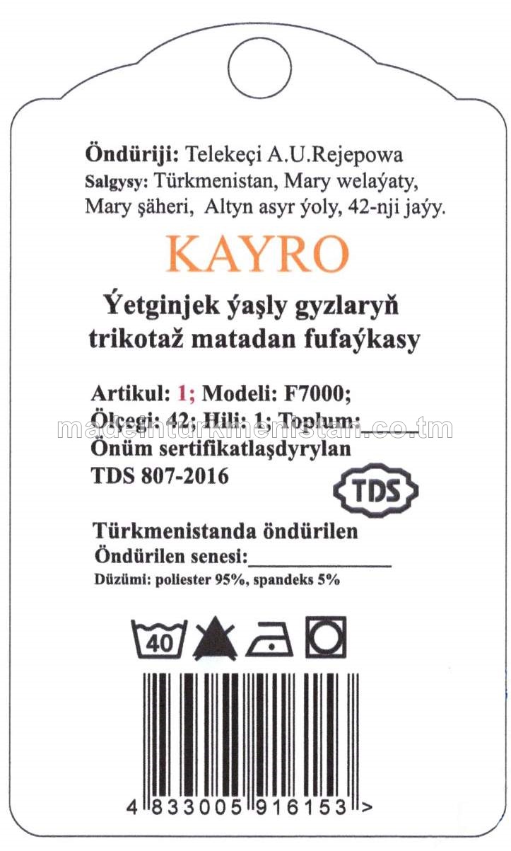 Ýetginjek ýaşly gyzlaryň trikotaž matadan fufaýkasy. Modeli: F7000, artikul: 1, ölçegi: 42