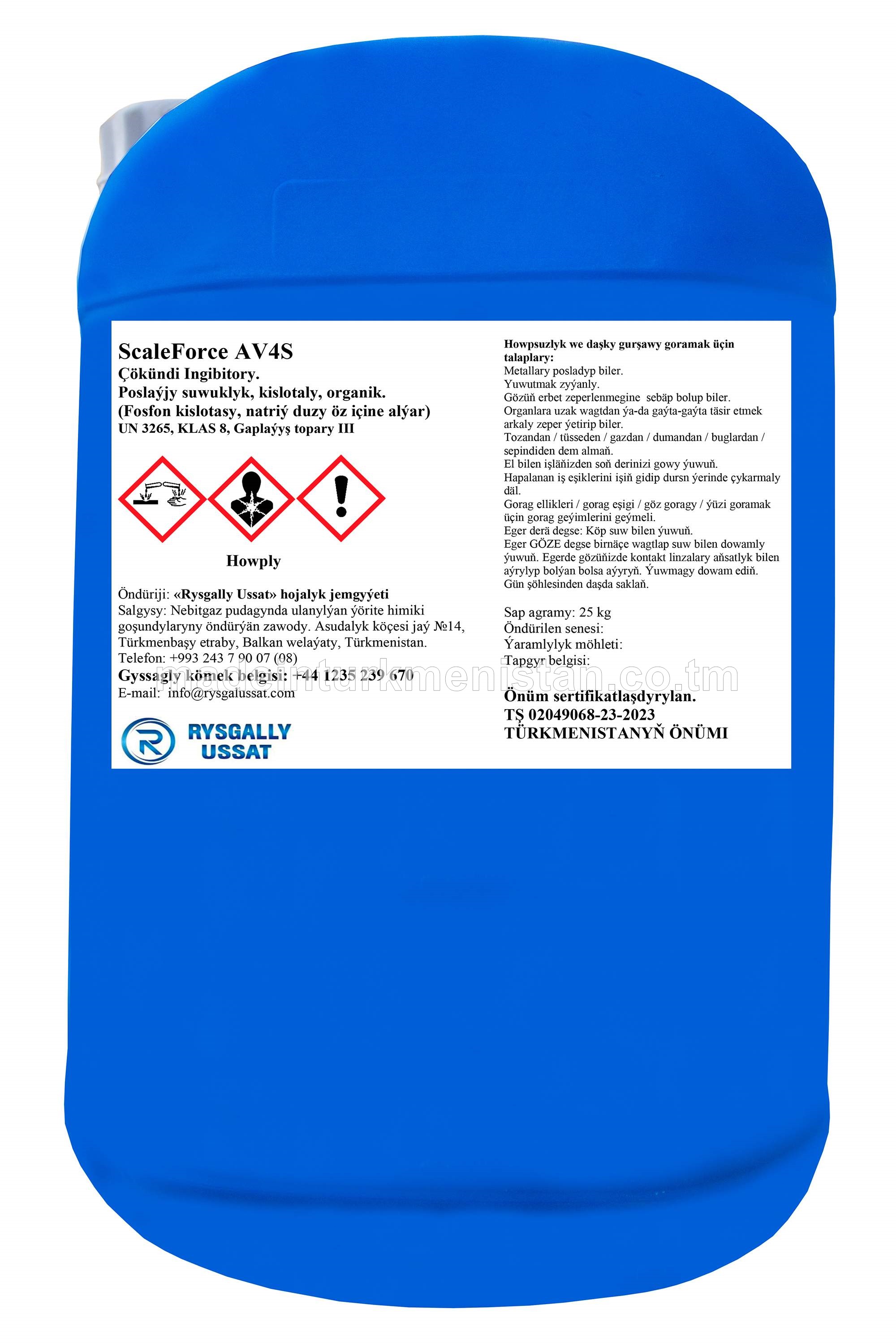 ScaleForce AV4S Çökündi Ingibitory. Poslaýjy suwuklyk, kislotaly, organik. (Fosfon kislotasy, natriý duzy öz içine alýar)