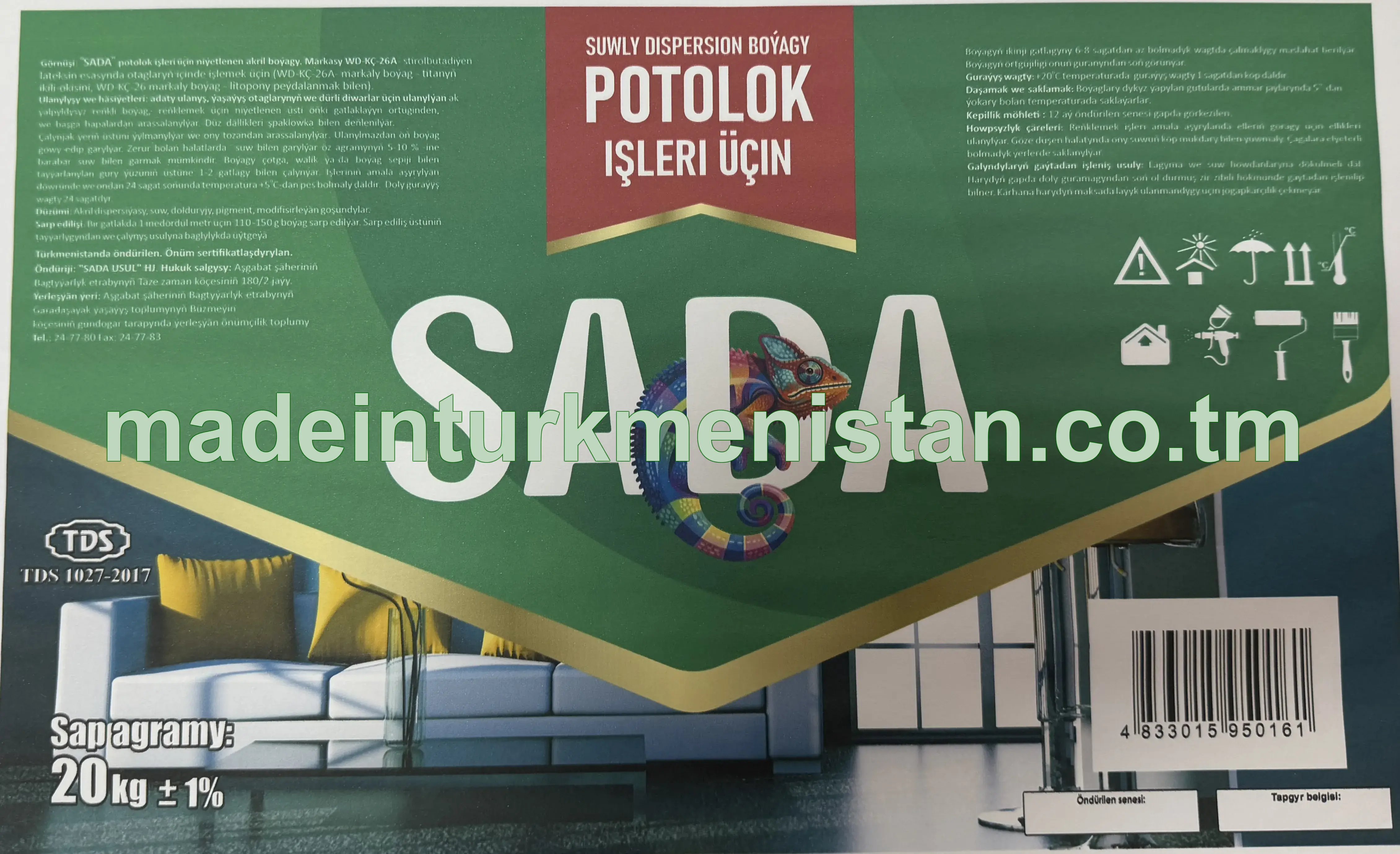 "SADA" potolok işleri üçin niýetlenen akril boýagy. Markasy: WD-KÇ-26A