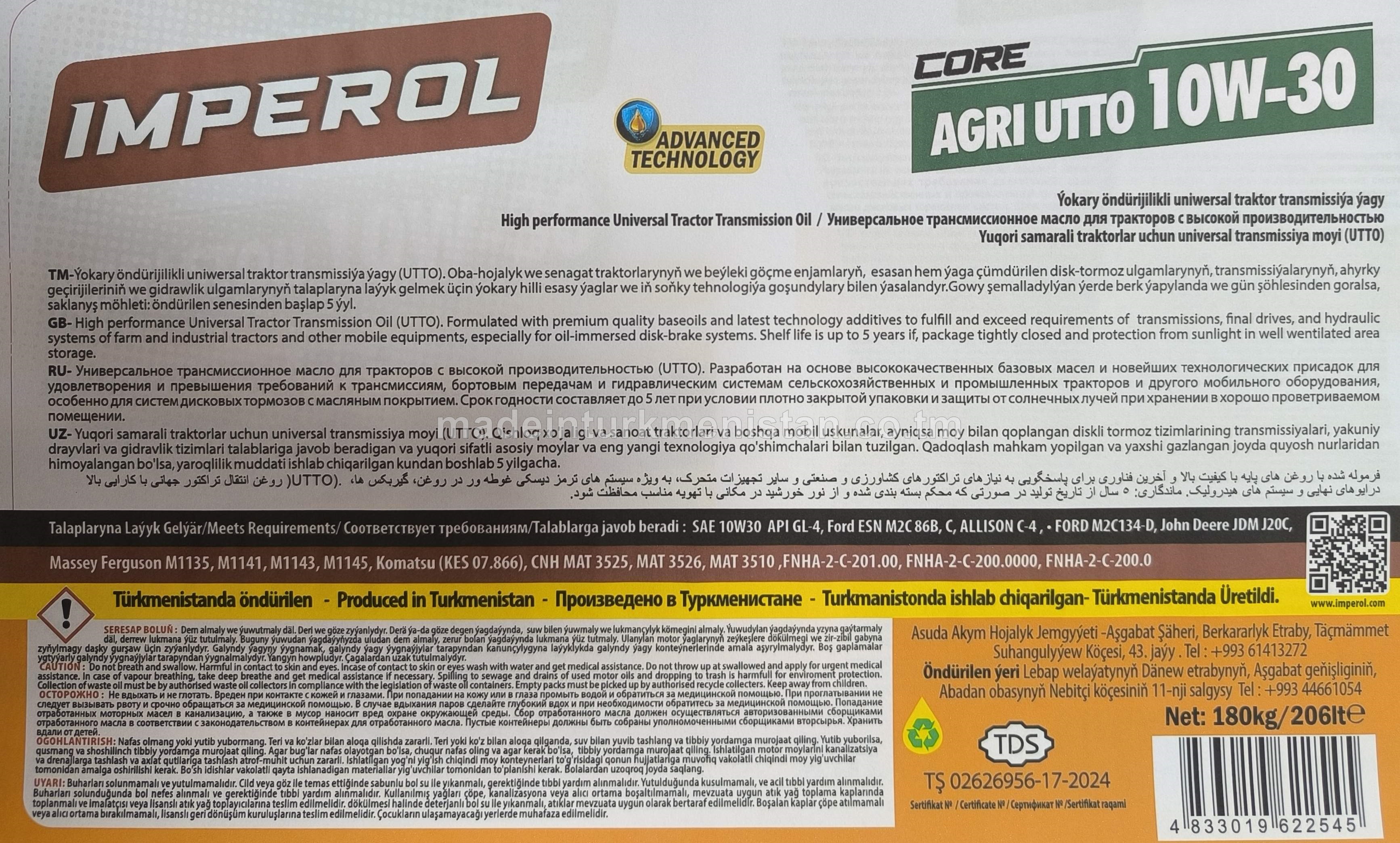 Ýokary öndürijikli uniwersal traktor transmissiýa ýagy AGRI UTTO 10W-30 CORE