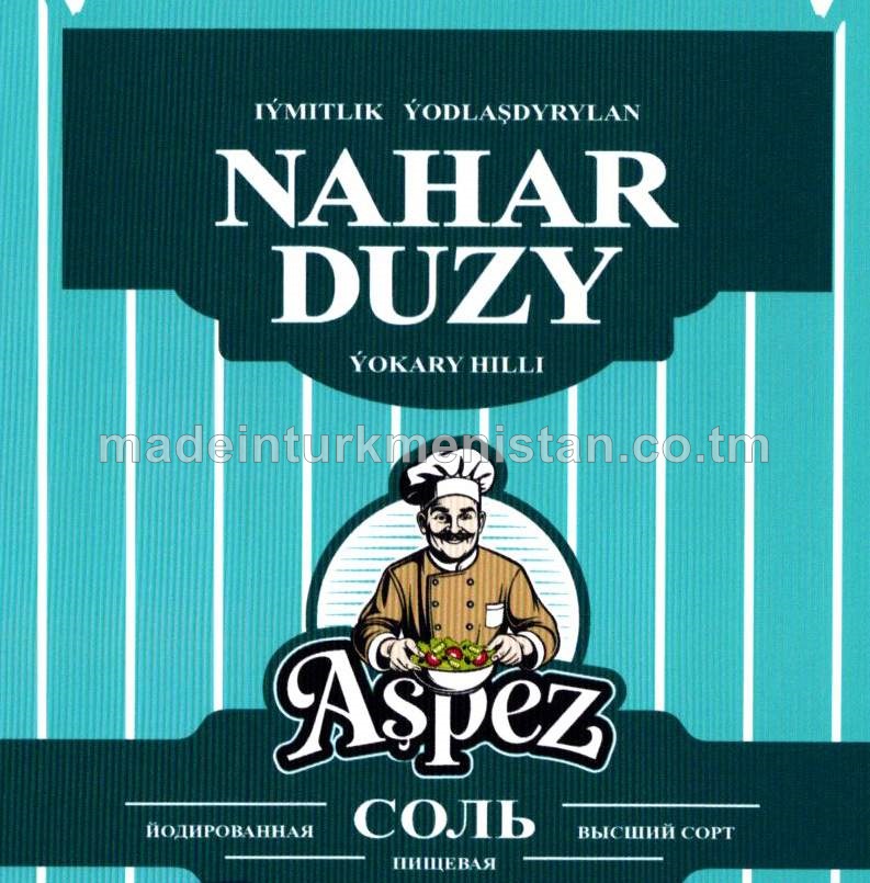 "Aşpez" çöken ýodlaşdyrylan iýmitlik nahar duzy. Ýokary hilli. Üwelen:1