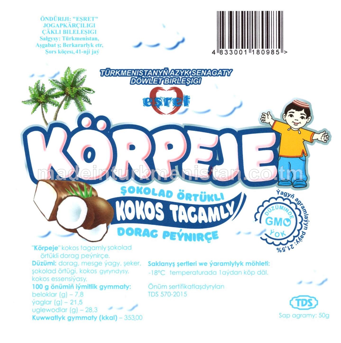 "KÖRPEJE" şokolad örtükli Kokos tagamly dorag peýnirçe. Ýaglylygy 21,5%