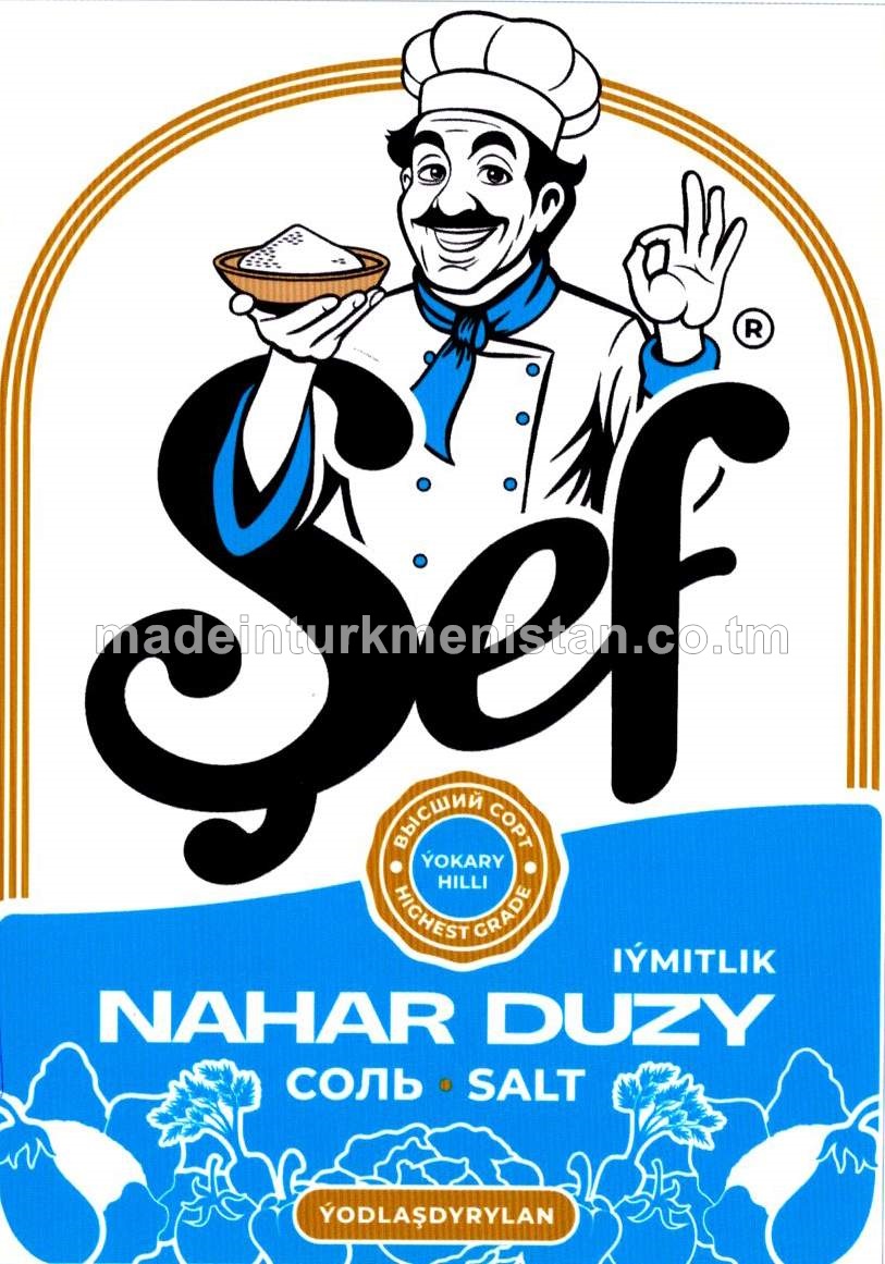 "Şef" çöken ýodlaşdyrylan iýmitlik nahar duzy. Ýokary hilli. Üwelen:0