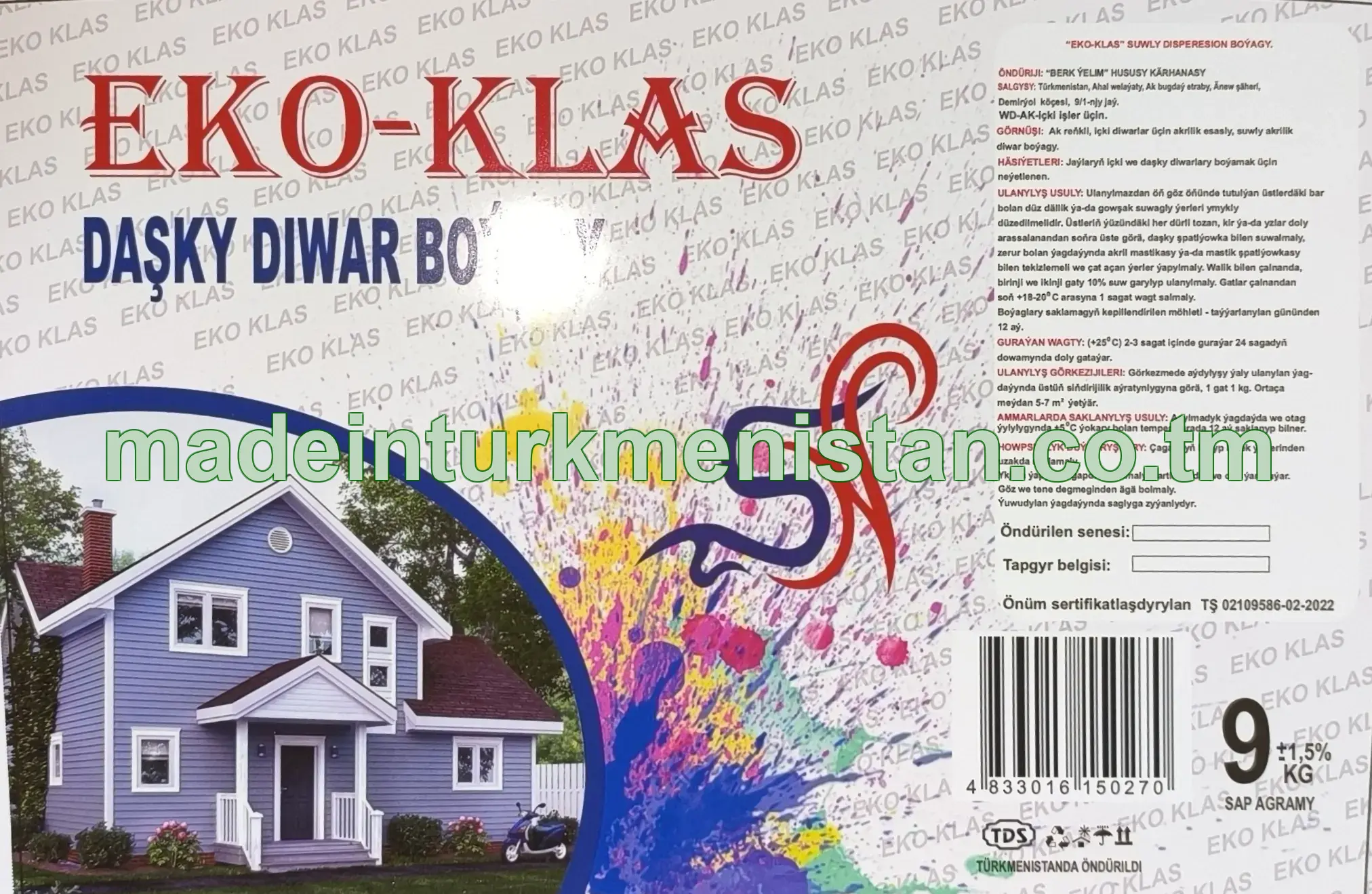 "Eko-Klas" suwly dispersion boýagy, ak reňkli, WD-AK (daşky diwar boýagy)