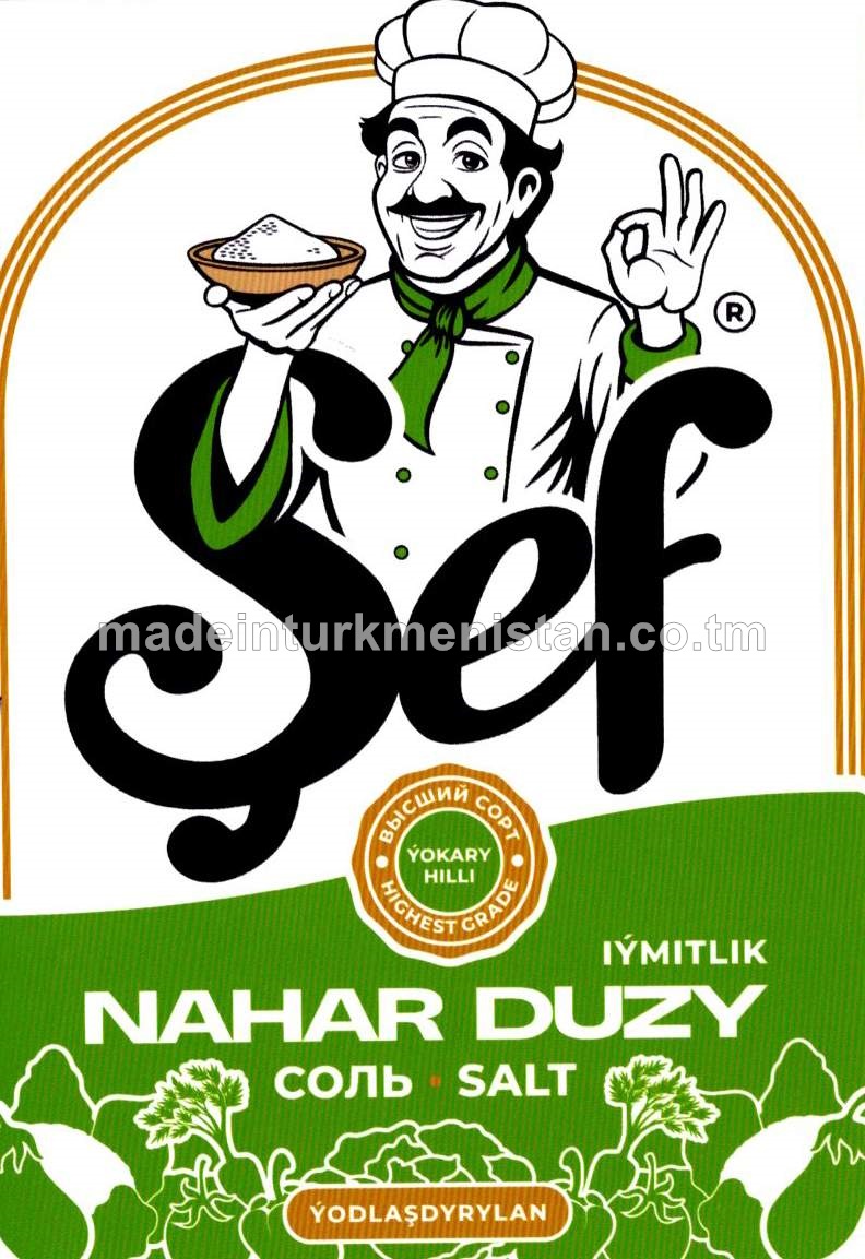 "Şef" çöken ýodlaşdyrylan iýmitlik nahar duzy. Ýokary hilli. Üwelen:1