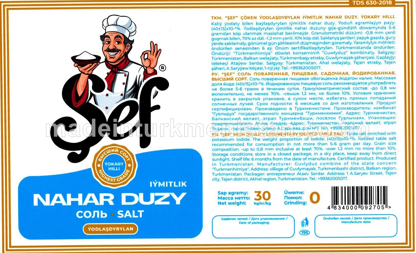 "Şef" çöken ýodlaşdyrylan iýmitlik nahar duzy. Ýokary hilli. Üwelen:0