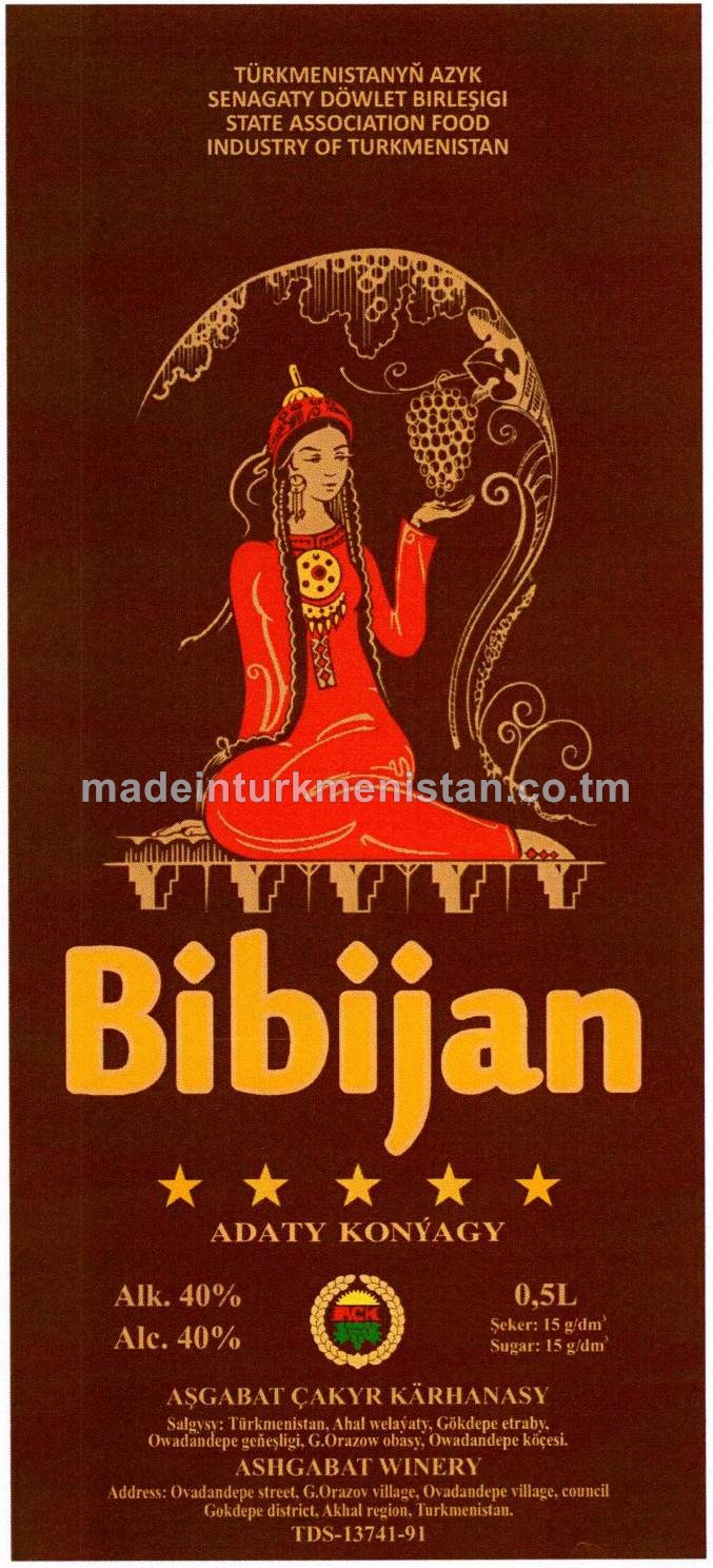 "Bibijan" adaty konýagy. Alk: 40%, şeker 15g/dm3