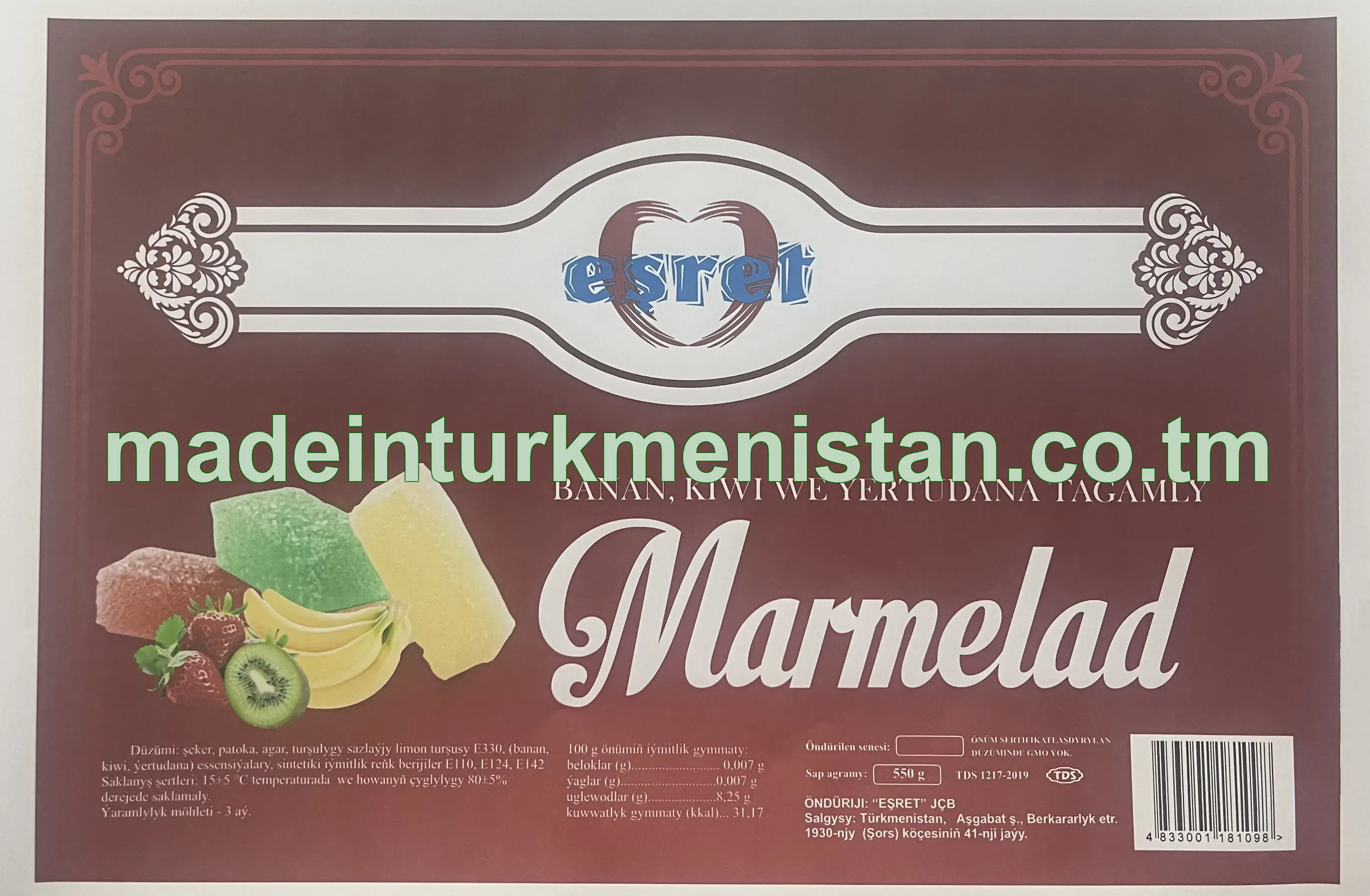 Banan, kiwi we ýertudana tagamly marmelad