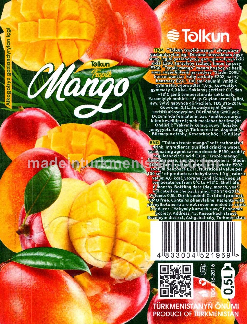 "Tolkun tropiki-mango" alkogolsyz gazlandyrylan içgi 