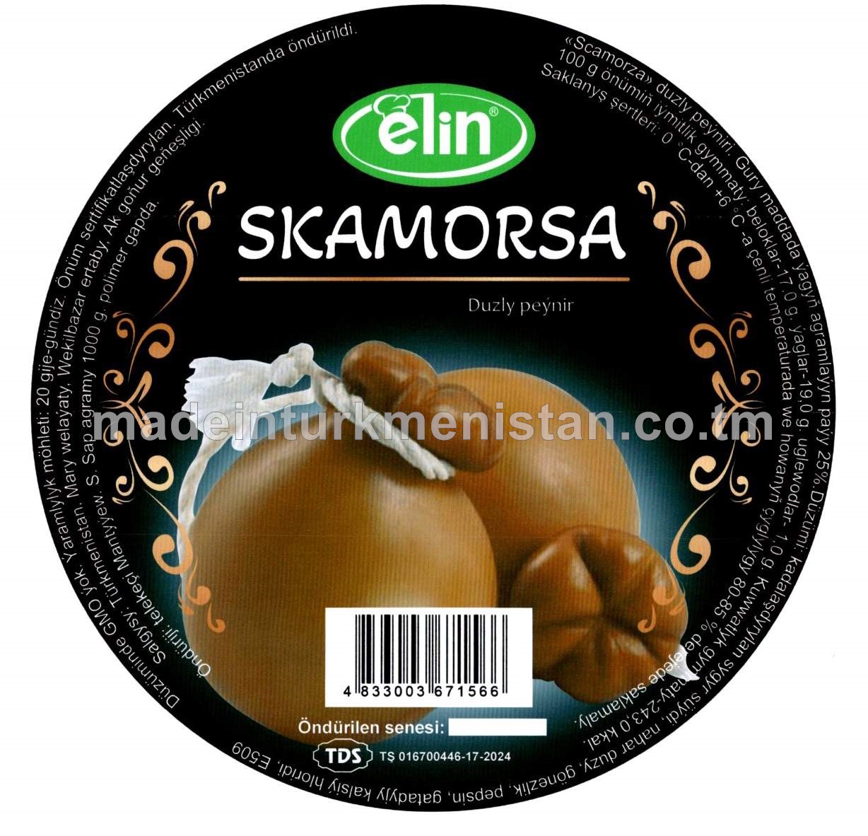 "Skamorsa" duzly peýniri. Gury maddada ýagyň agramlaýyn paýy 25%