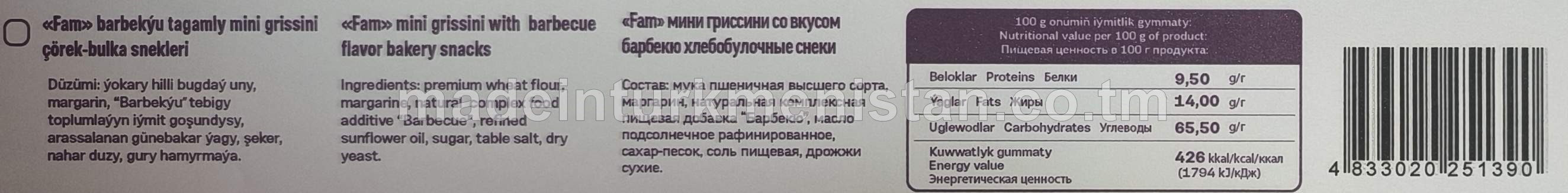 "Fam" barbekýu tagamly mini grissini çörek-bulka snekleri (30 g x 80 sany)