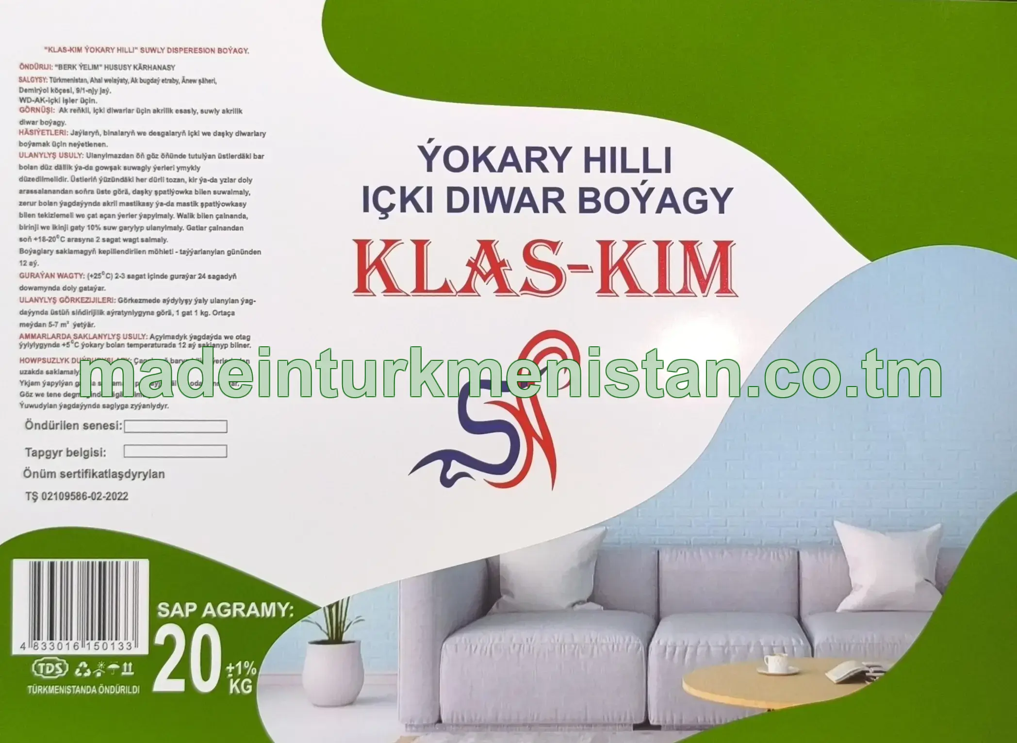 "Klas Kim" Ýokary hilli suwly dispersion boýagy, ak reňkli, WD-AK (içki diwar boýagy)