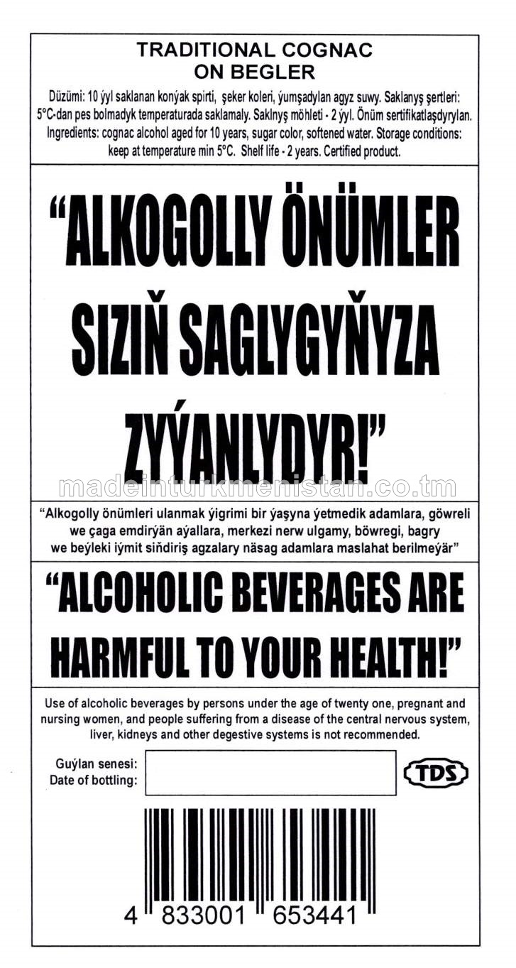 "ON BEGLER" adaty konýagy. Alk: 40%