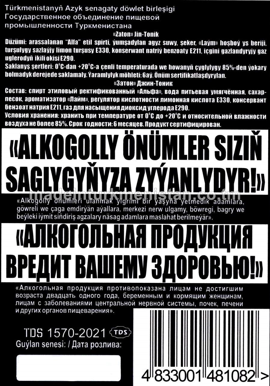"Zaton" Jin-Tonik gazlandyrylan spirtli içgi. Alk: 8%