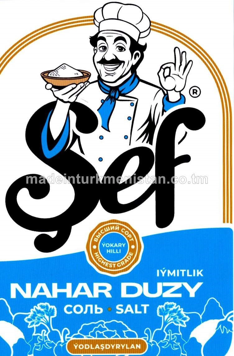 "Şef" çöken ýodlaşdyrylan iýmitlik nahar duzy. Ýokary hilli. Üwelen:0