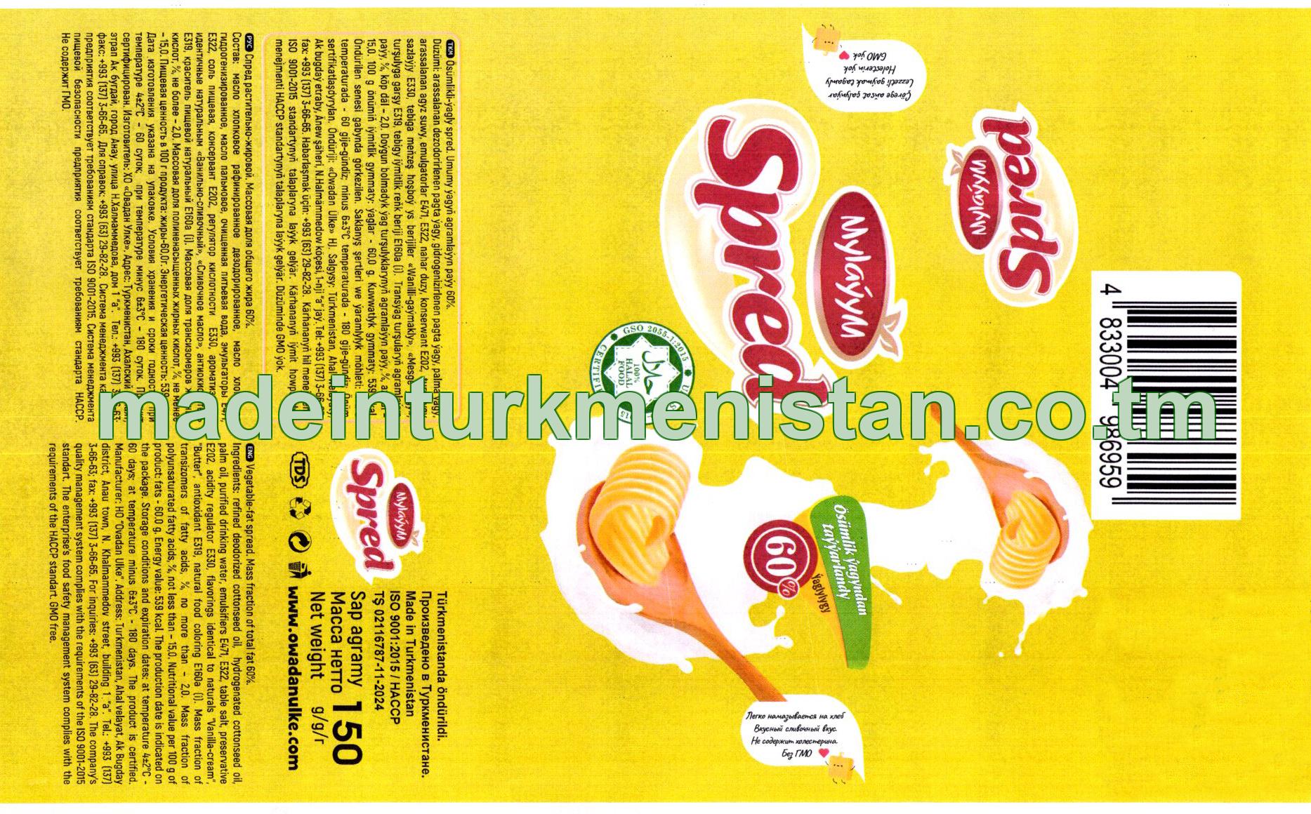 Ösümlikli-ýagly spred. Umumy ýagyň agramlaýyn paýy 60%