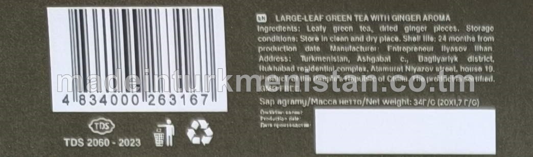 Imbir ýakymly ysly iri ýaprakly gök çay. Piramida haltajykly.