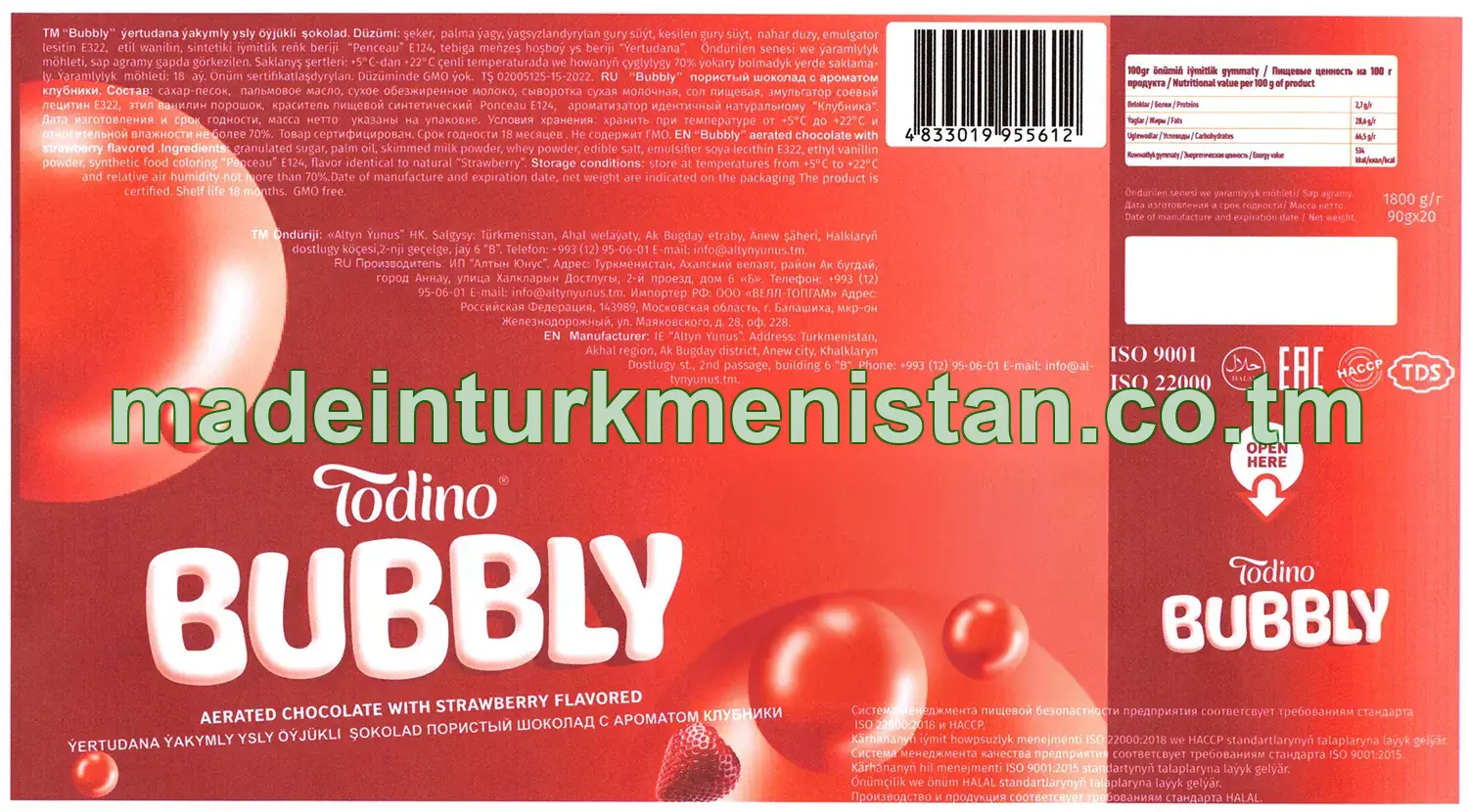 "BUBBLY" ýertudana ýakymly ysly öýjükli şokolad (90g*20sany)
