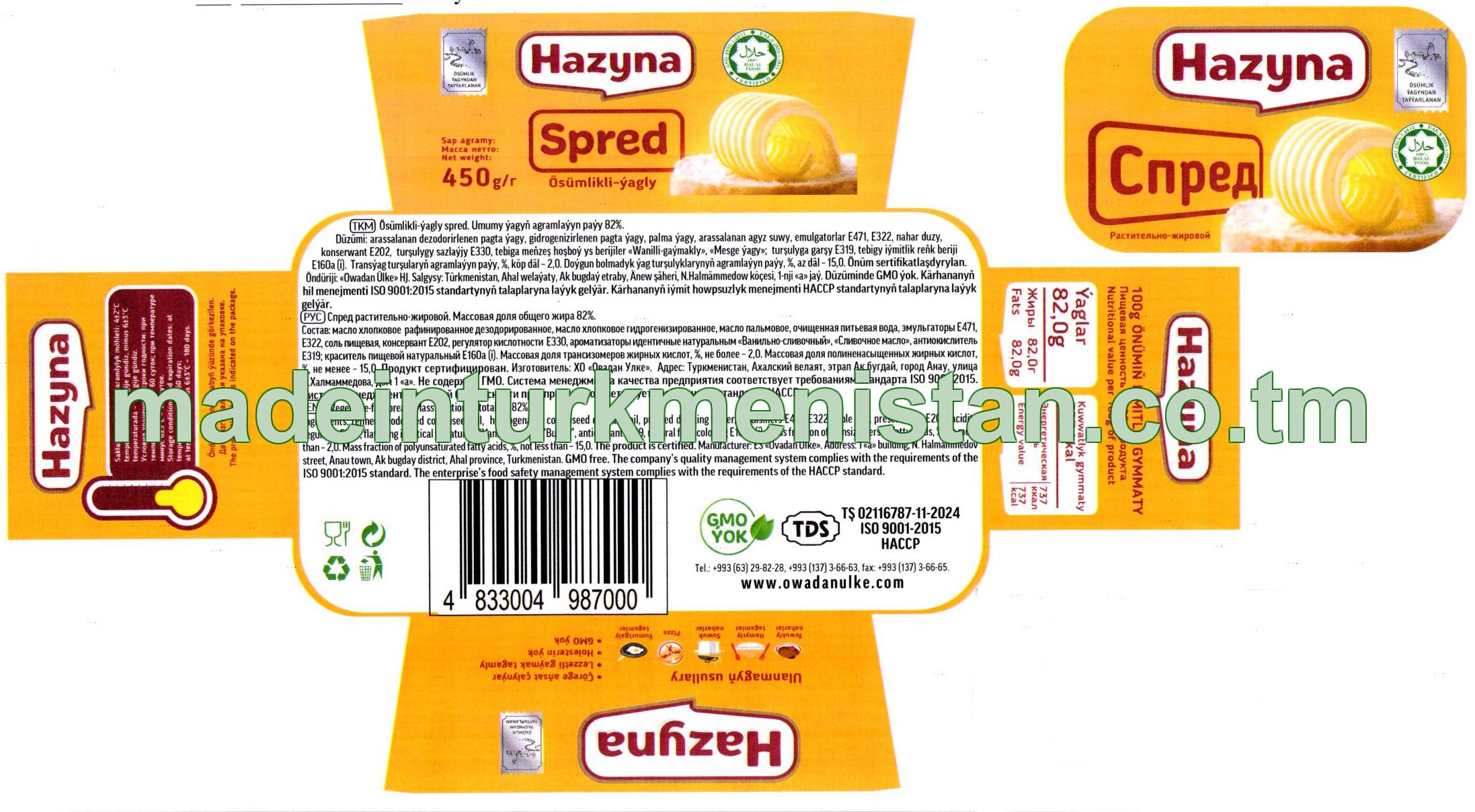 Ösümlikli-ýagly spred. Umumy ýagyň agramlaýyn paýy 82%
