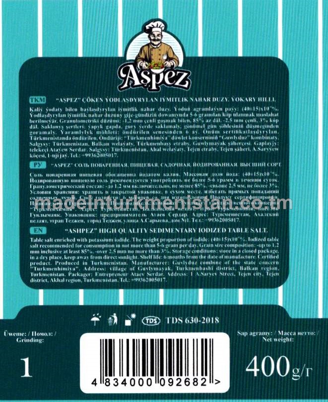 "Aşpez" çöken ýodlaşdyrylan iýmitlik nahar duzy. Ýokary hilli. Üwelen:1