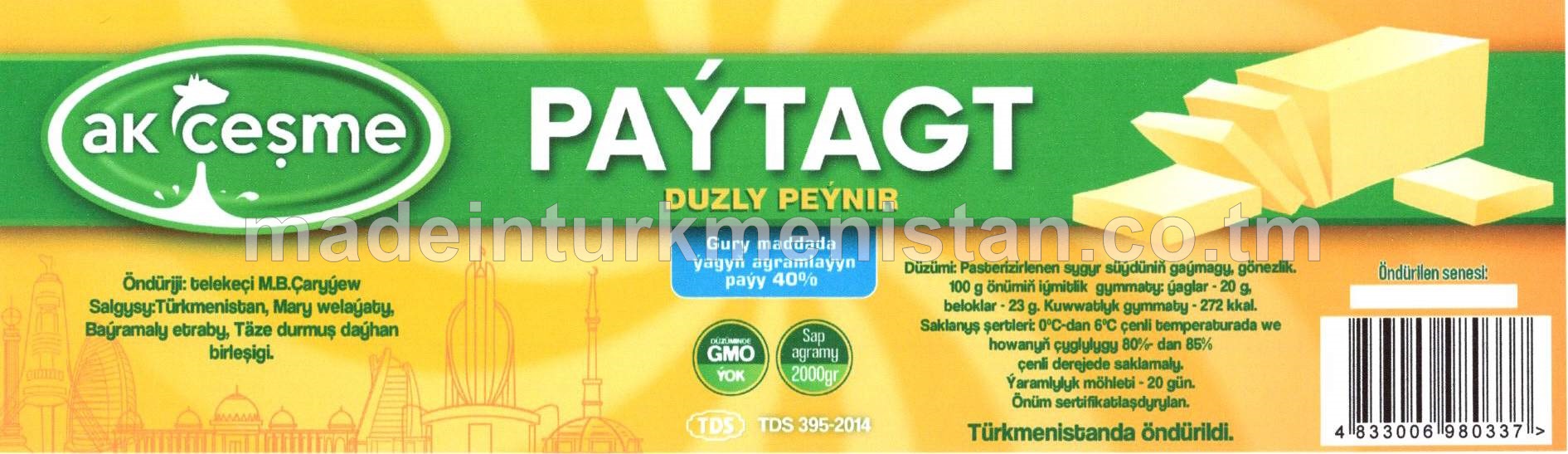"Paýtagt" duzly peýnir. Gury maddada ýagyň agramlaýyn paýy 40%