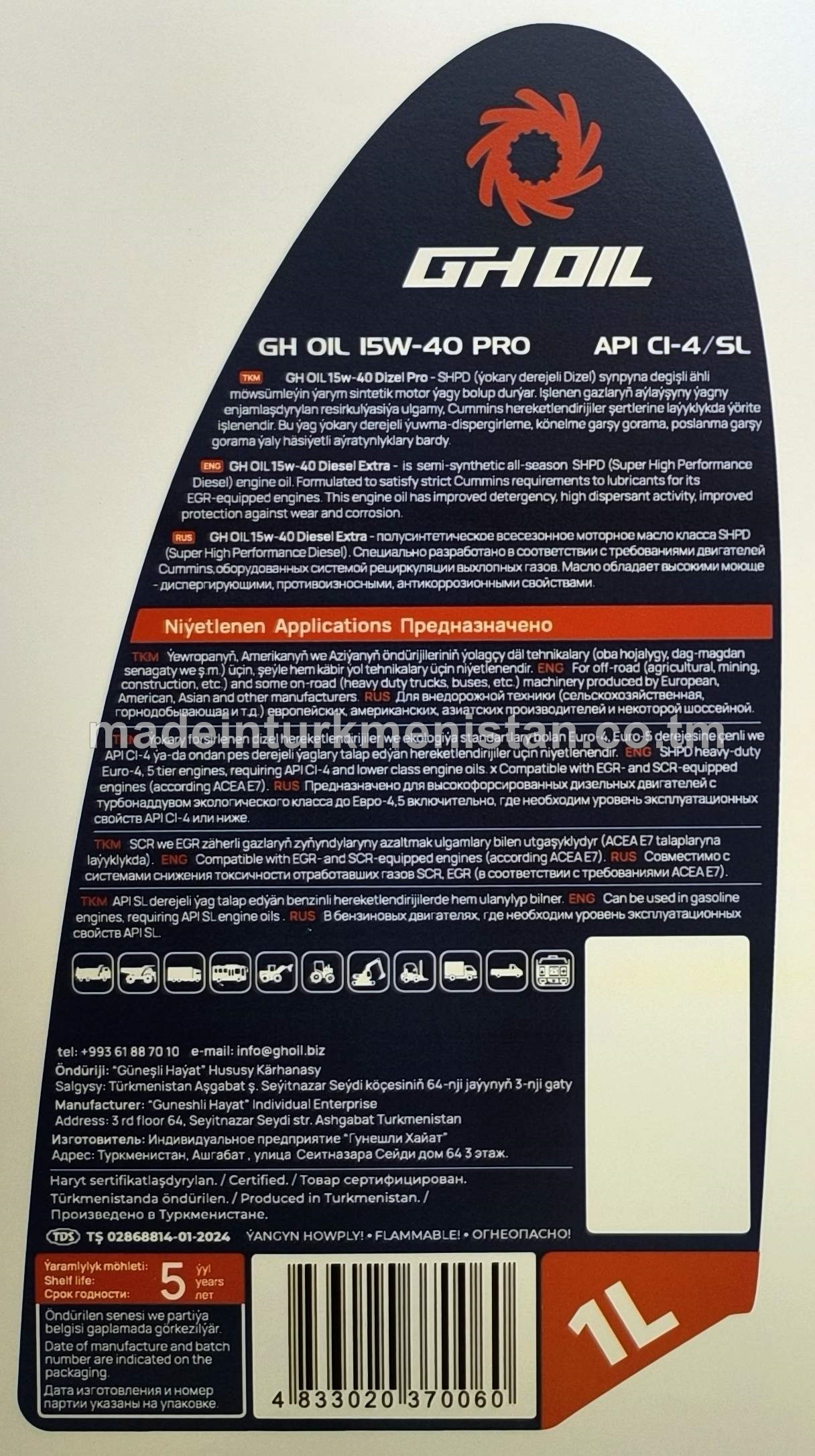 Ýarym sintetiki hereketlendiriji ýagy 15W-40 PRO API CI-4/SL