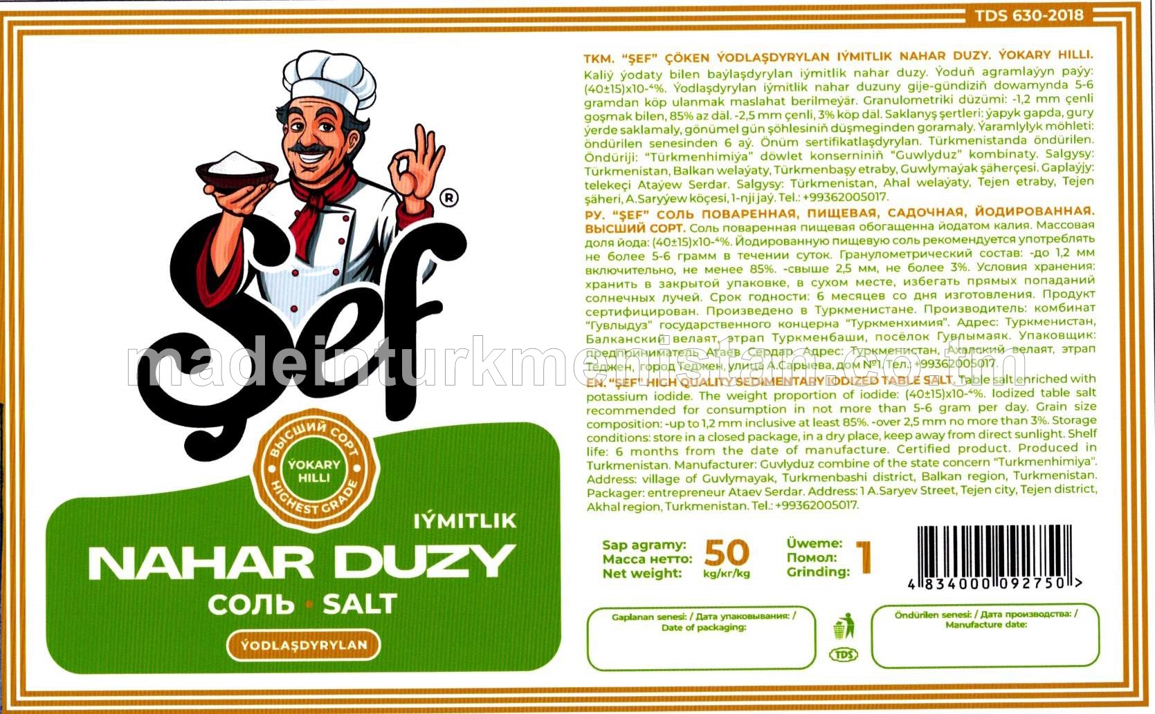 "Şef" çöken ýodlaşdyrylan iýmitlik nahar duzy. Ýokary hilli. Üwelen:1