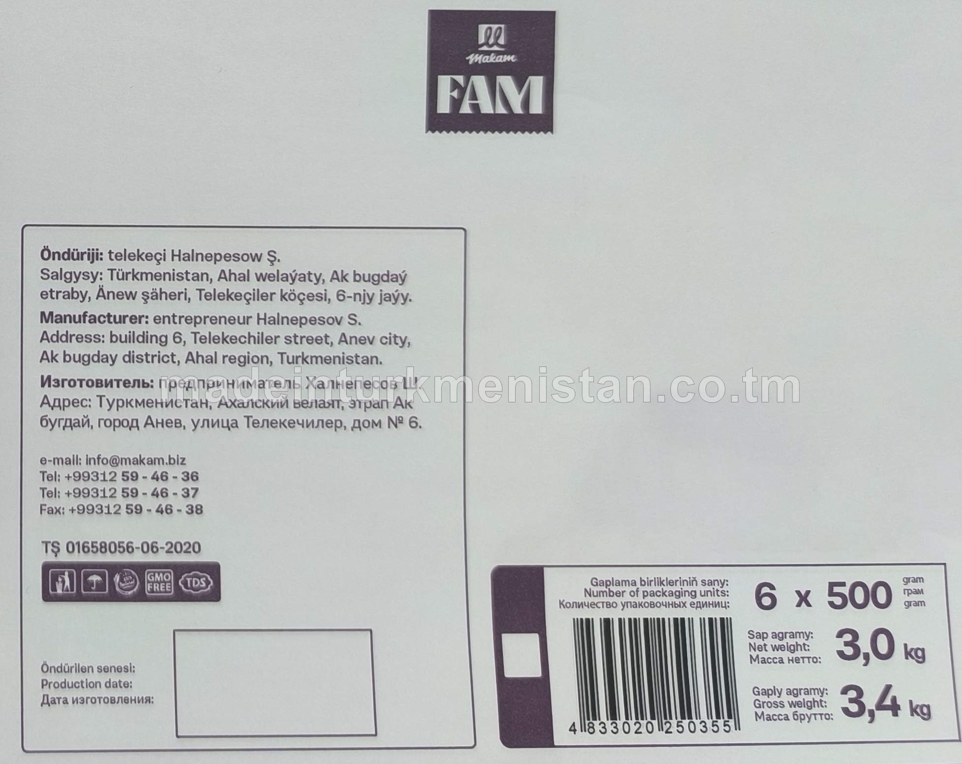 "Fam" künjüli mini grissini çörek-bulka snekleri, ýokary hilli bugdaý unundan (500g*6sany)