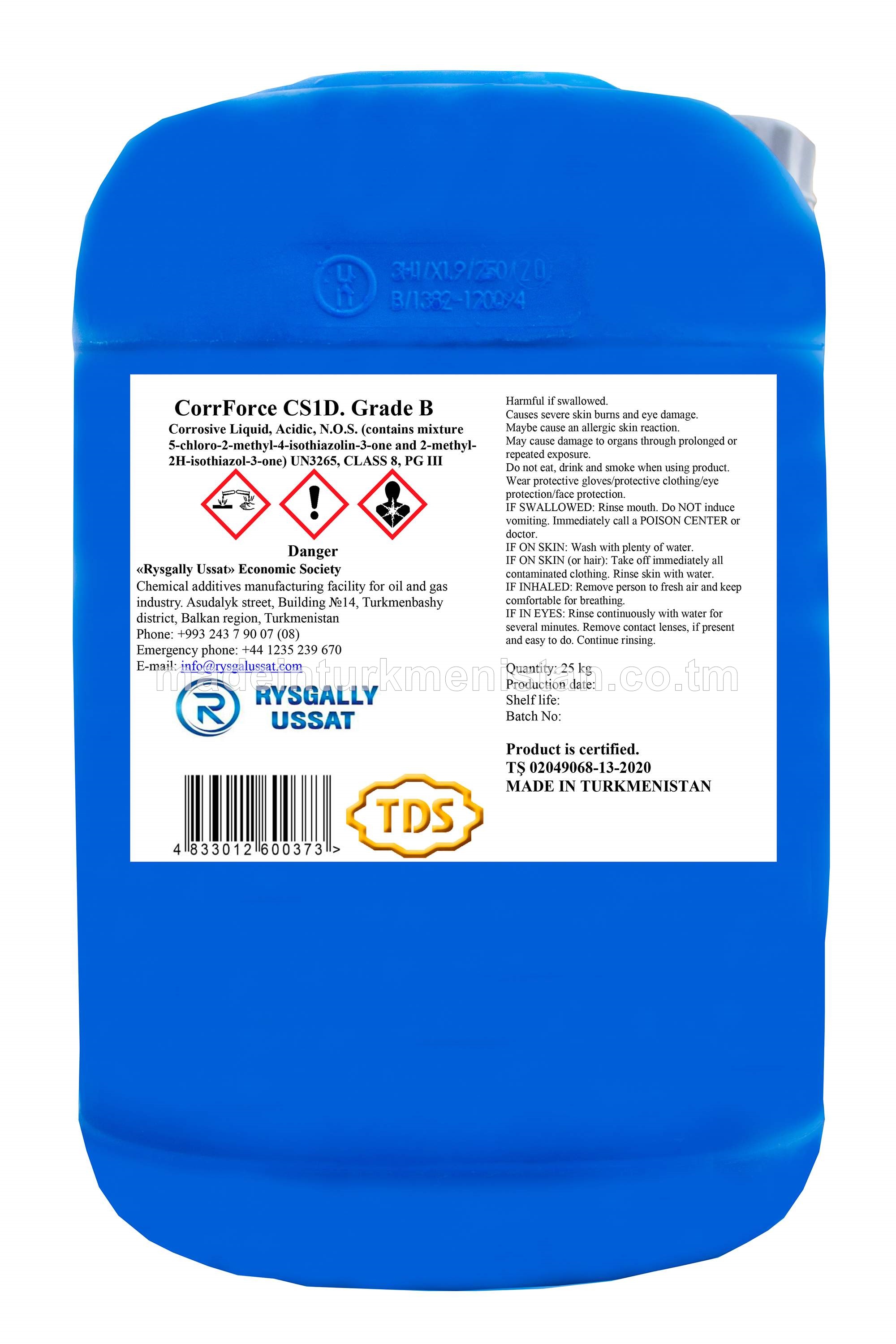 CorrForce CS1D. SYNP B Poslaýjy Suwuklyk, Kislotaly, N.O.S. (garyndysyny öz içine alýar 5-hloro-2-metil-4-izotiazolin-3-bir we 2-metil-2H-izotiazol-3-bir)