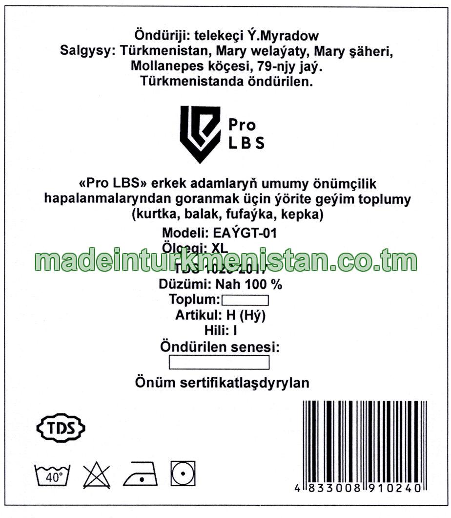 «Pro LBS» erkek adamlaryň umumy önümçilik hapalanmalaryndan goranmak üçin ýörite geýim toplumy  (kurtka, balak, fufaýka, kepka). Modeli: EAÝGT-01, ölçegi: XL, artikul: H (Hý), Hili: I