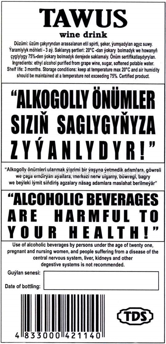 "Tawus" çakyr içgisi. Alk: 18%, şeker 35g/dm3