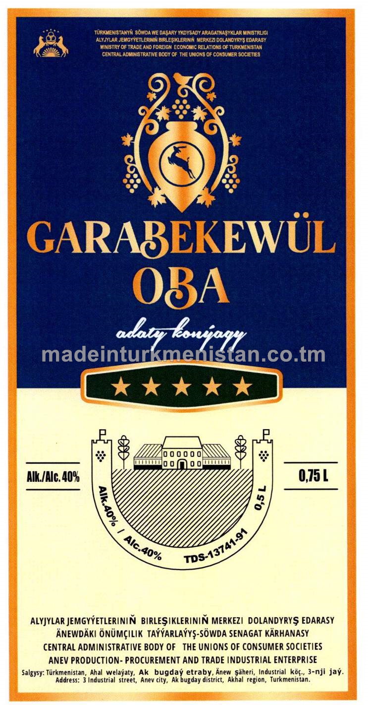 "GARABEKEWÜL OBA" adaty konýak. Alk: 40%