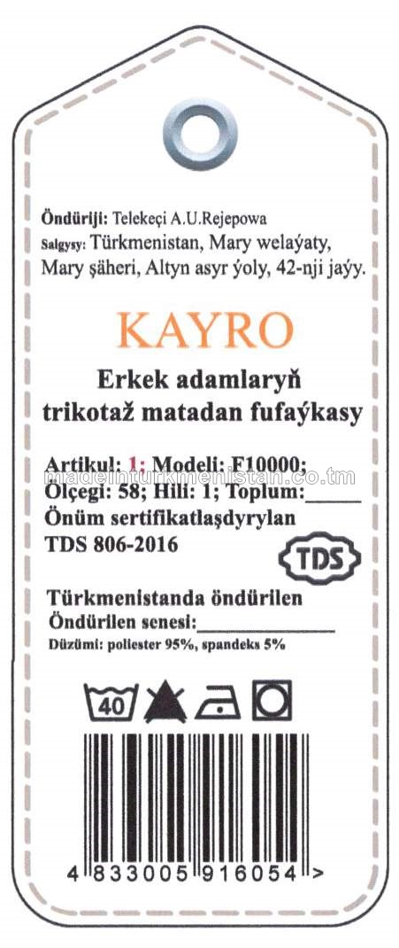 Erkek adamlaryň trikotaž matadan fufaýkasy. Modeli: F10000, artikul: 1, ölçegi: 58