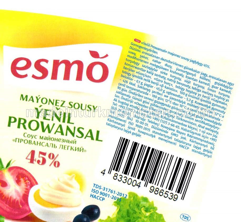 "Ýeňil Prowansal" maýonez sousy ýaglylygy 45%. Gomogenleşdirilen