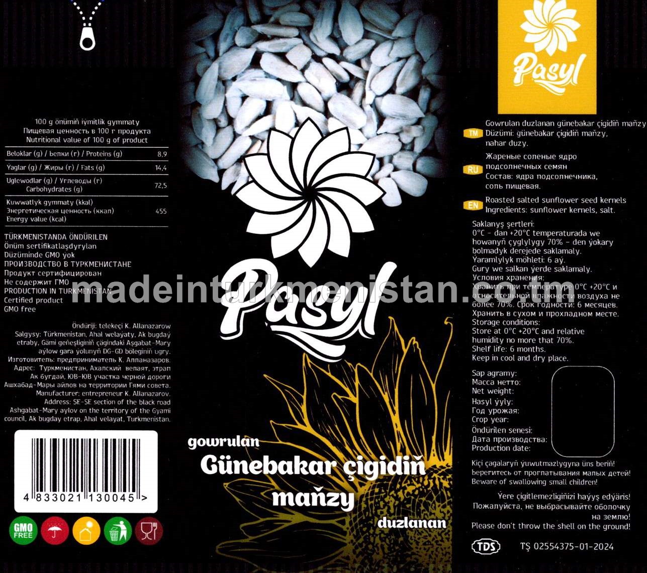 Gowrulan duzlanan günebakar çigidiň maňzy