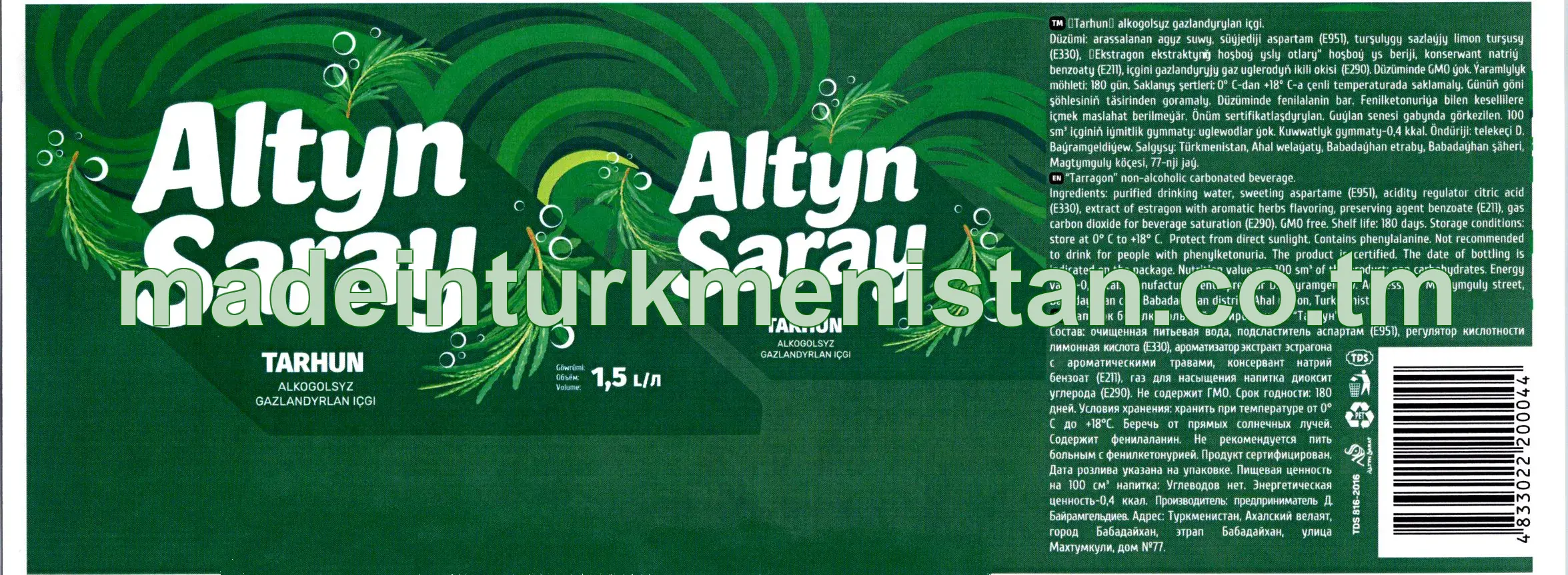 Tarhun alkogolsyz gazlandyrylan içgi 