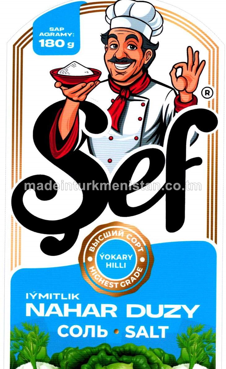 "Şef" çöken ýodlaşdyrylan iýmitlik nahar duzy. Ýokary hilli. Üwelen:0