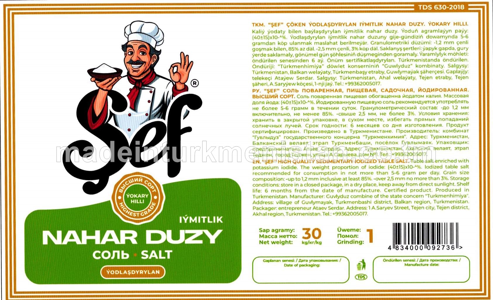 "Şef" çöken ýodlaşdyrylan iýmitlik nahar duzy. Ýokary hilli. Üwelen:1