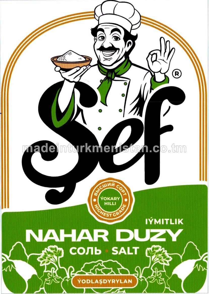 "Şef" çöken ýodlaşdyrylan iýmitlik nahar duzy. Ýokary hilli. Üwelen:1