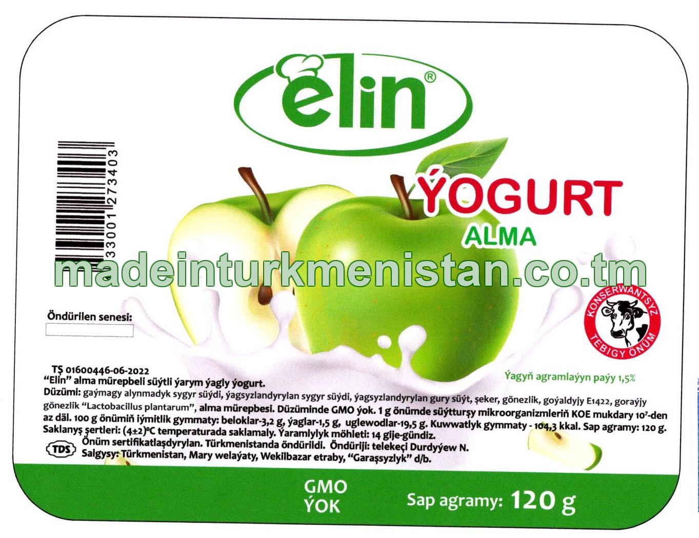 Alma mürepbeli süýtli ýarym ýagly ýogurt. Ýaglylygy 1,5%