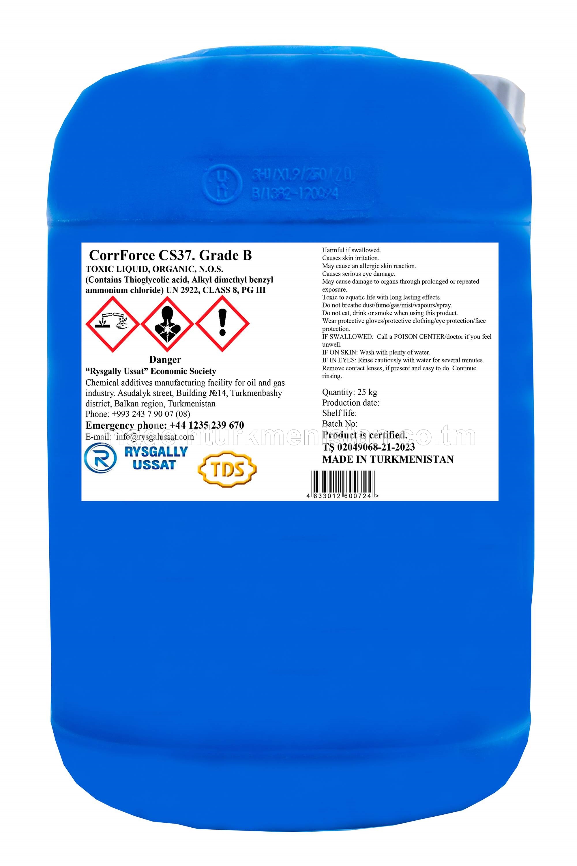 CorrForce CS37. Grade B. Suwda Ereýän Poslamany Ingibitory. Zäherli suwuklyk. ORGANIK (Tiýoglikol kislotasy, alkil dimetil benzil ammiak hloridi öz içine alýar)