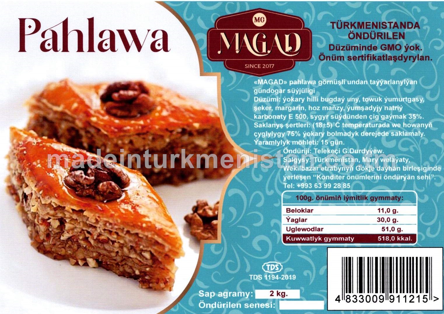 "MAGAD" pahlawa görnüşli undan taýýarlanylýan gündogar süýjüligi