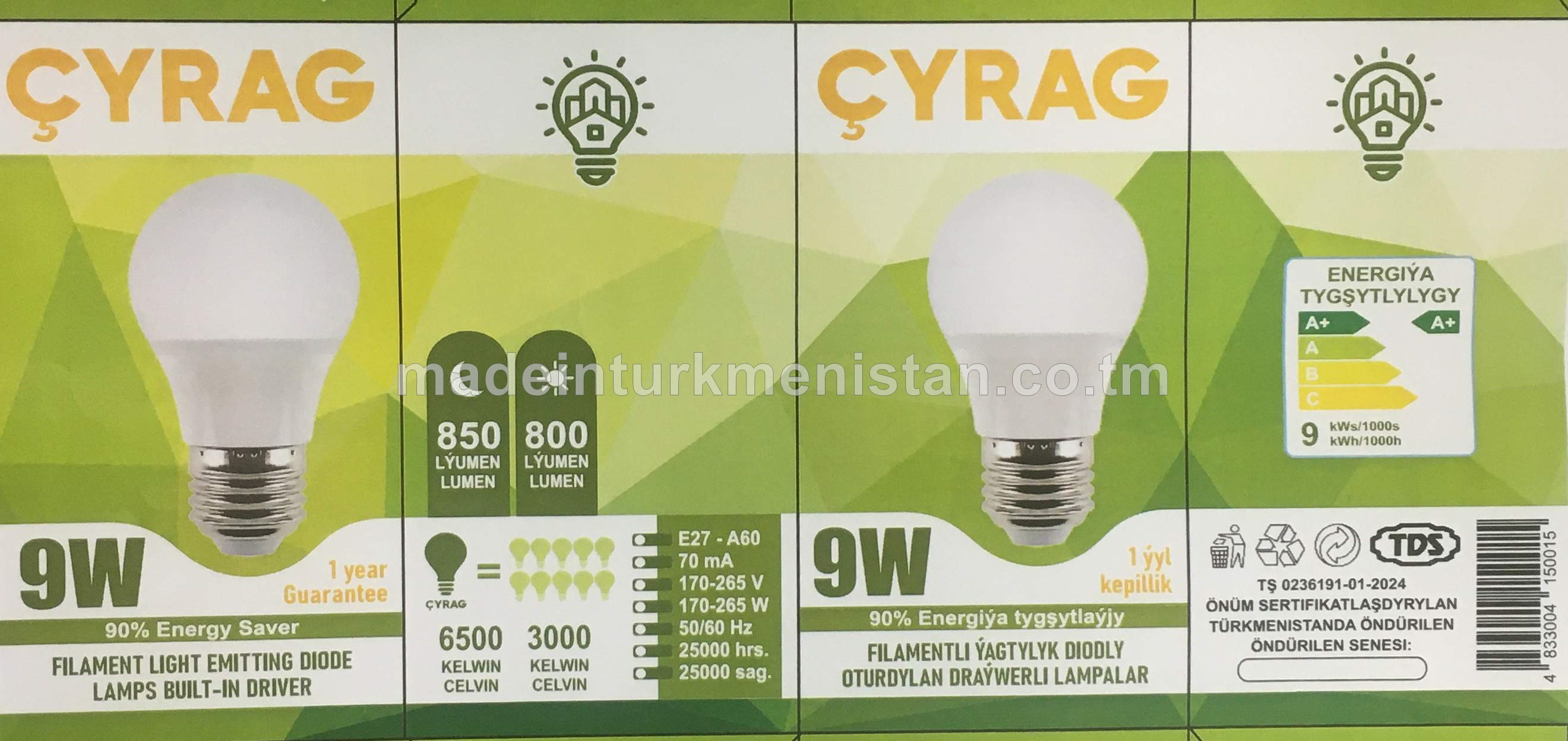 Filamentli ýagtylyk diodly oturdylan draýwerli lampalar 9W