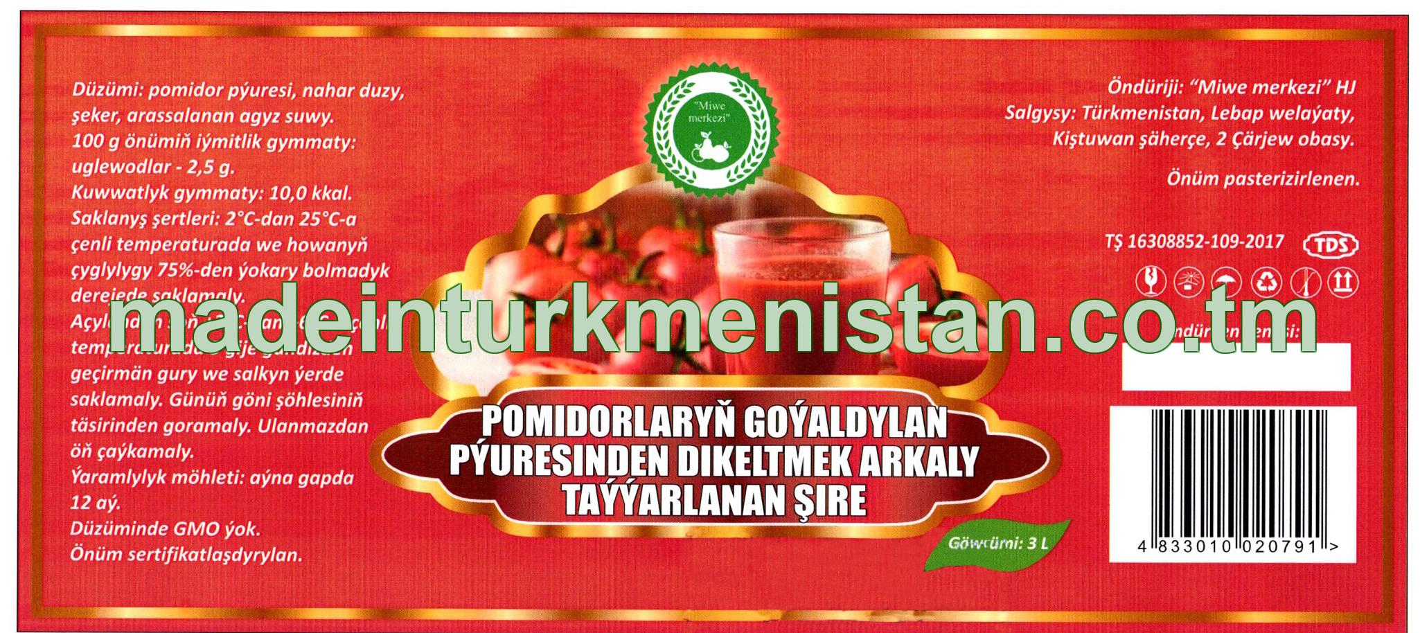 Pomidor goýaldylan pyuresinden dikeltmek arkaly tayyarlanan şire