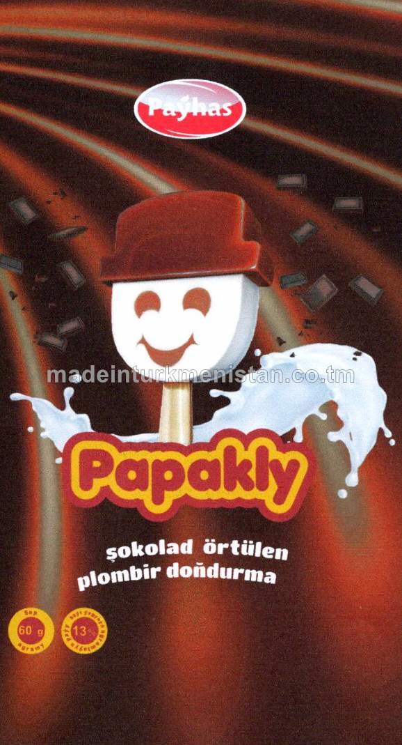 "Papakly" şokolat örtülen plombir doňdurma. Ýaglylygy 13%
