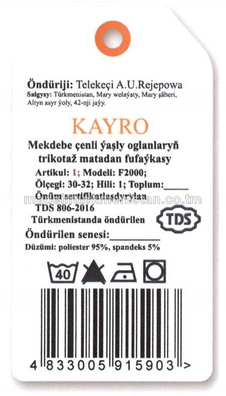 Mekdebe çenli ýaşly oglanlaryň trikotaž matadan fufaýkasy. Modeli: F2000, artikul:1, ölçegi: 30-32