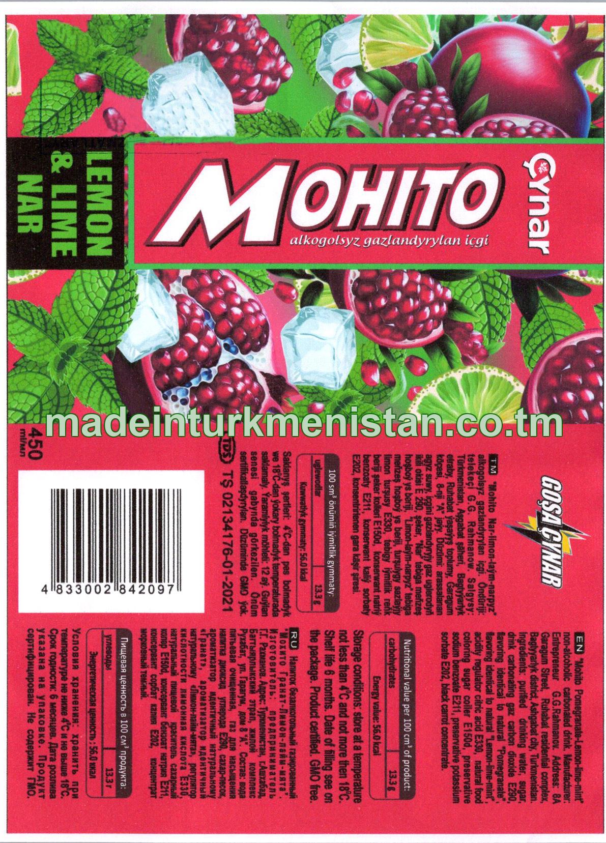 "Mohito Nar-limon-laým-narpyz" alkogolsyz gazlandyrylan içgi