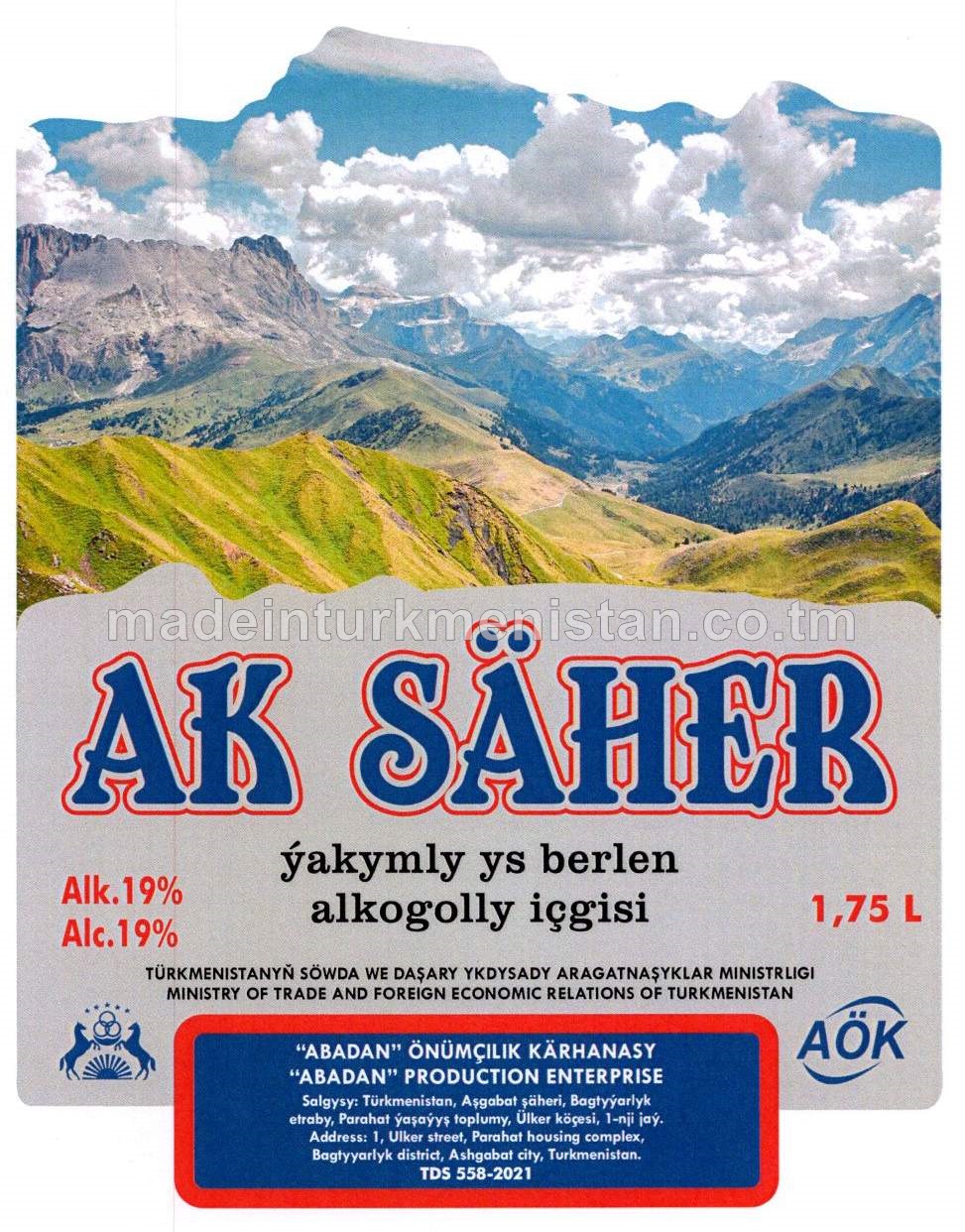 "Ak säher" ýakymly ys berlen alkogolly içgisi, Alk. 19%