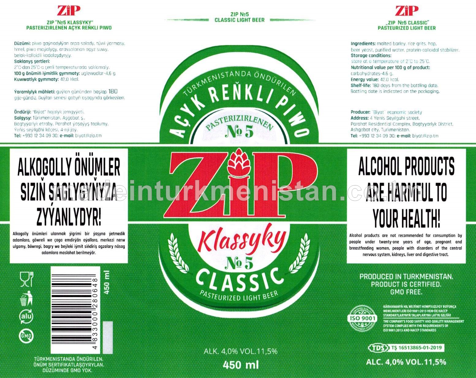 ZIP "№5 Klassyky" pasterizirlenen açyk reňkli piwo. Alk: 4,0%