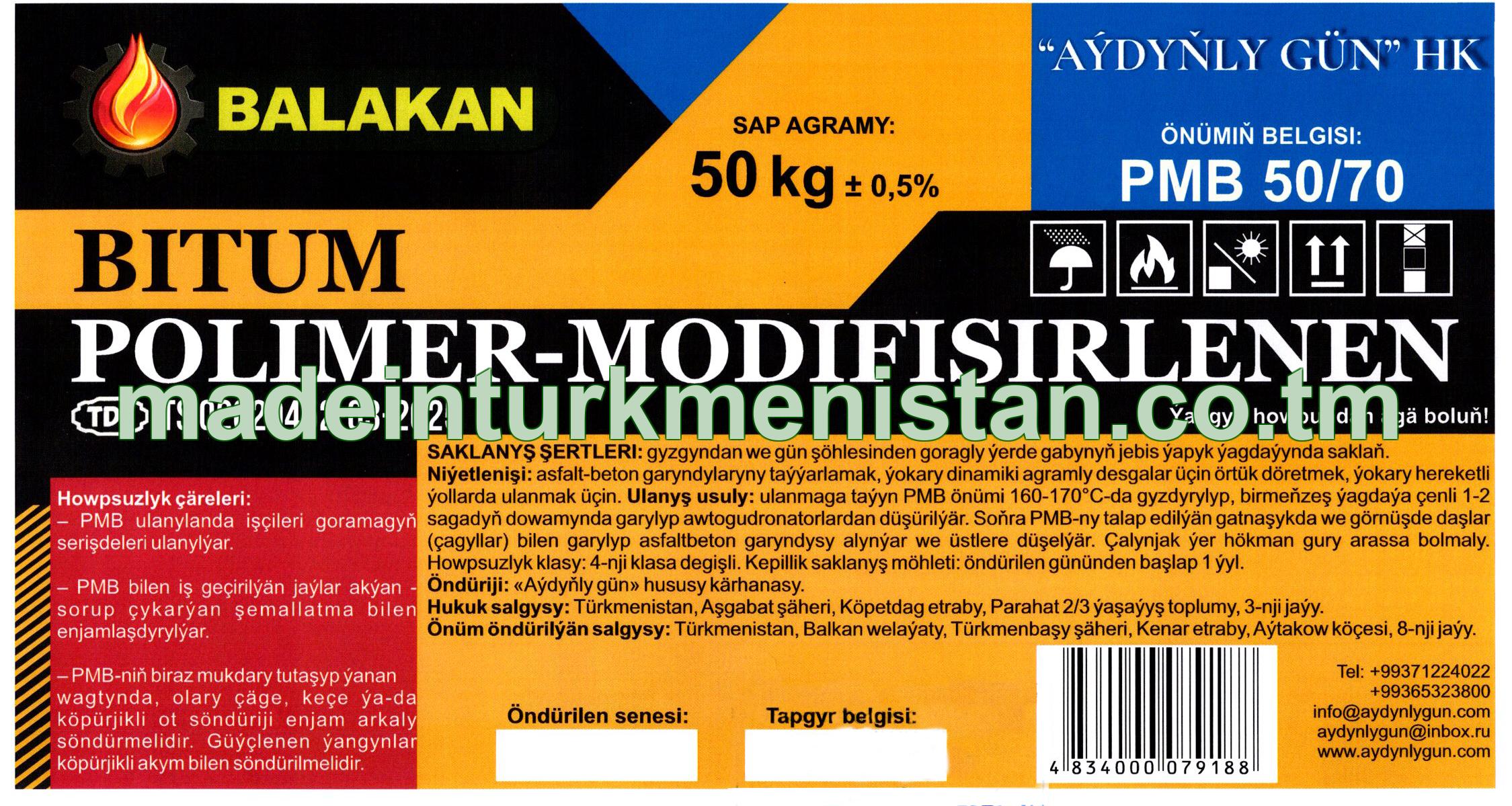 Polimer-Modfisirlenen bitum. Markasy: PMB 50/70